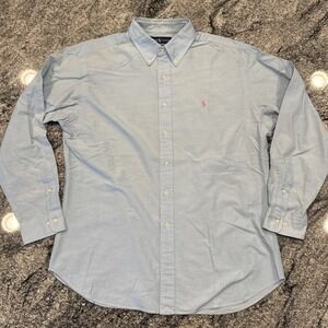 Ralph Lauren Shirt Mens Cotton Button Down Turquoise Aqua Pink Pony 17.5 34-35